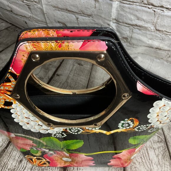 Floral Butterfly Black Patent Handbag Goldtone Hexagonal Handles Bloomcore - Picture 2 of 5